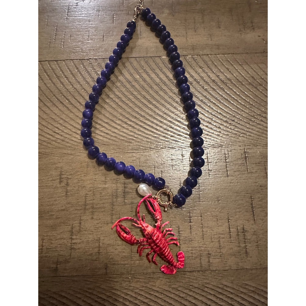 Coastal Granddaughter Beaded Lobster Charm Necklace | Lapis Blue & Pearl